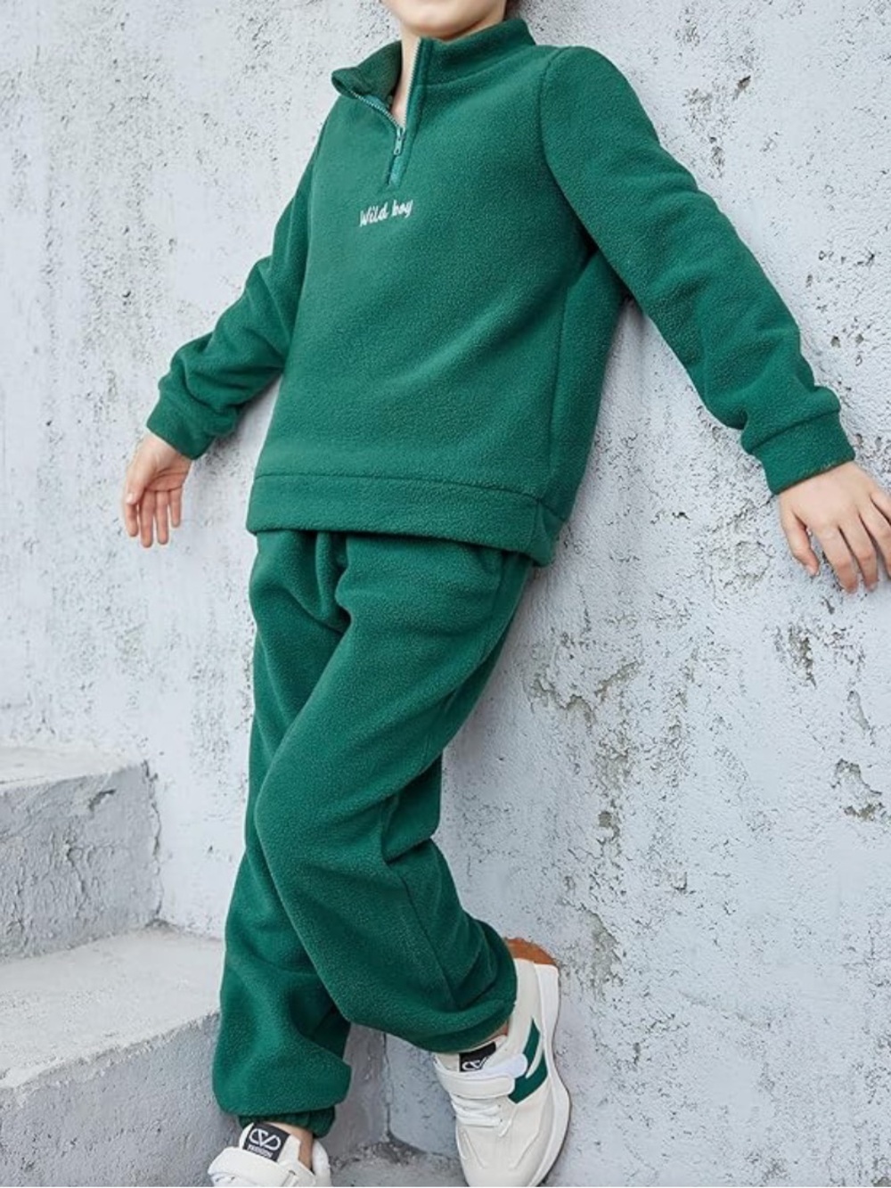 Green Fleece Pullover Sweatshirt - "Wild boy" Embroidered 2-6 years